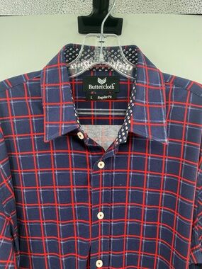 Buttercloth Men's Long Sleeve Button Down Shirt - Blue/Red Grid Pattern - Large